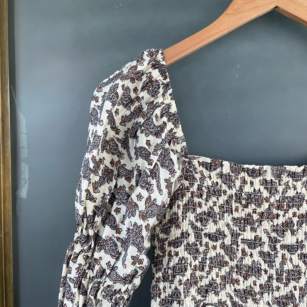 Smocked Square-Neck Midi Dress in Cream with Gray Floral Print - Picture 7 of 8